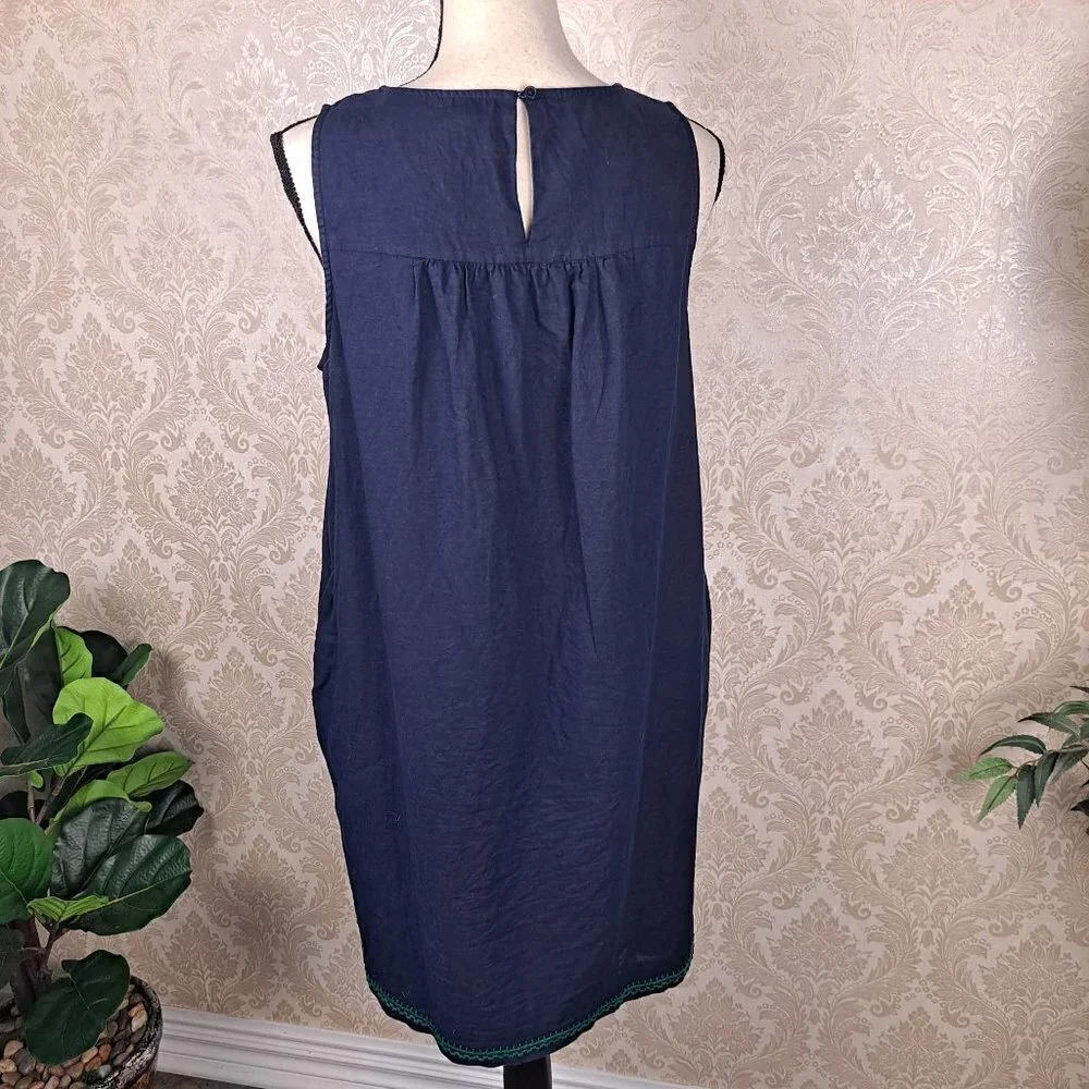 J Crew Size Medium Navy Blue Shift Dress Green Embroidery Linen/Cotton Slvls EUC